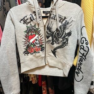 Ed Hardy Gray Hoodie with Dragon and Heart Design